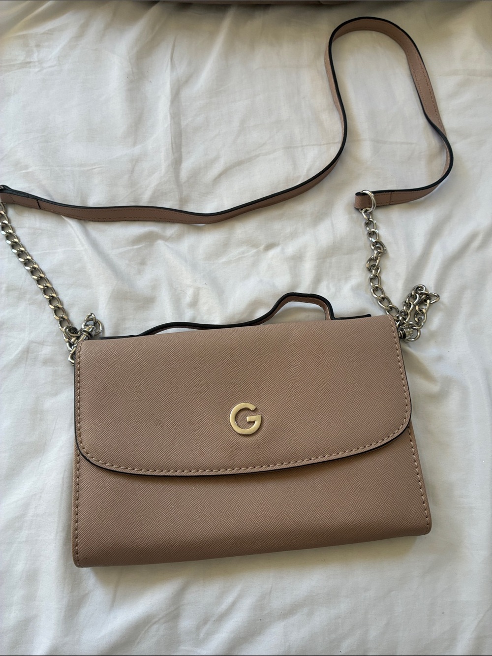 G by Guess Blush Taupe Crossbody Bag with Gold G Emblem